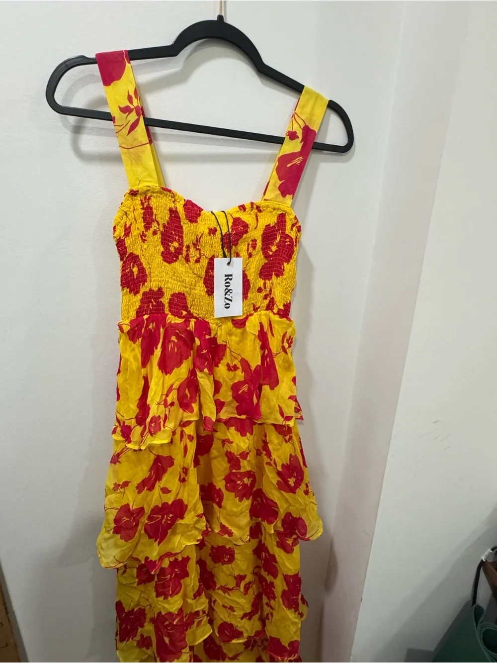 Ro&Zo Yellow+Cerise Floral Strappy Tiered Lined Chiffon Maxi Dress SZ 14UK 10US